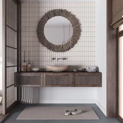Fotobehang Boho Farmhouse bathroom close-up in white and dark tones. Wooden washbasin with sink and mirror. Paper door, carpet, tiles and decors. Japandi interior design  © ArchiVIZ