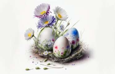 Colorful eggs, Easter eggs, Easter, daisies, white background