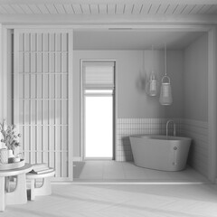 Naklejka na ściany i meble Total white project draft, wooden spa, hotel suite. Bathroom with freestanding bathtub and paper sliding doors. Parquet floor and tiles. Japandi interior design