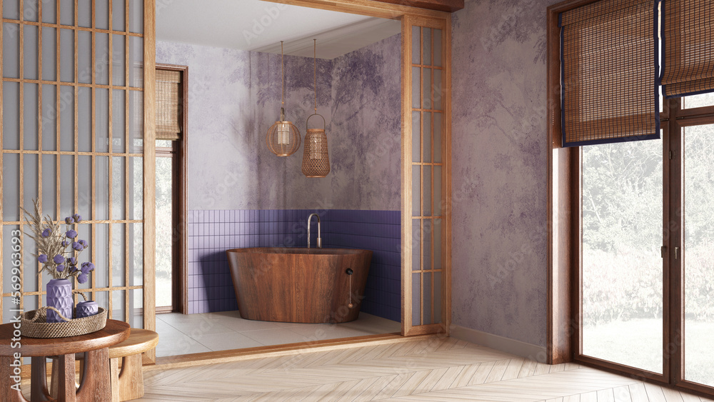 Wall mural farmhouse bathroom in white and purple tones. paper door and freestanding wooden bathtub. cotton flo