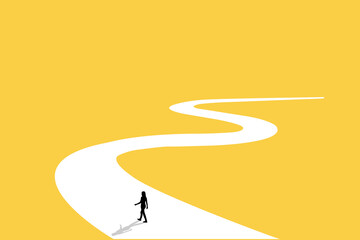 Business woman follow a path for business opportunities. visionary leadership different business routes. Symbol of ambition, motivation and long road ahead