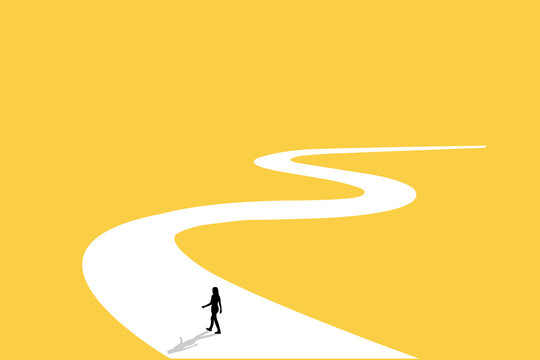 Business woman follow a path for business opportunities. visionary leadership different business routes. Symbol of ambition, motivation and long road ahead