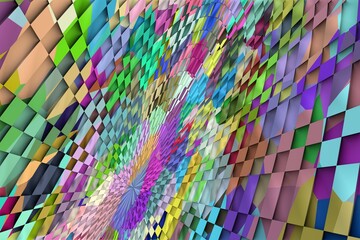 3D ILLUSTRATION RENDERING. ABSTRACT BACKGROUND SQUARE PATTERN DIMENSION OBJECT TRENDY COLORFUL GEOMETRY DISTORTED EFFECT GRAPHIC TEXTURE. PERSPECTIVE SCIENCE TECHNOLOGY PRESENTATION RANDOM DESIGN.