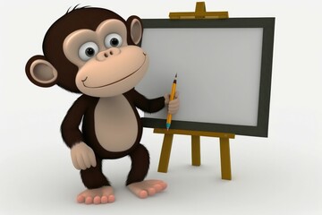 3D cute chimpanzee cartoon standing beside blank whiteboard. Generative AI