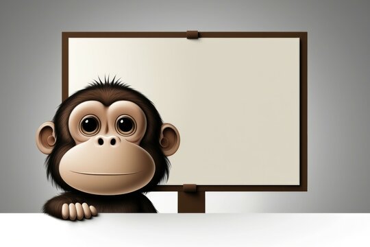3D cute chimpanzee cartoon and blank whiteboard. Generative AI