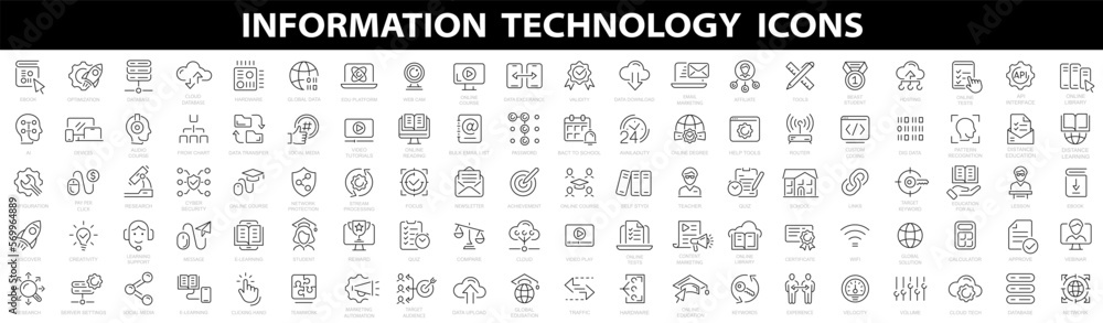 Poster information technology icons set. set of 100 technology icons. industry concept factory of the futur