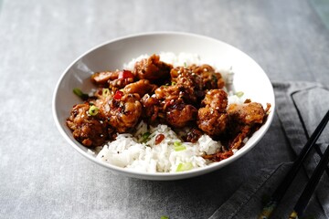 Homemade Gochujang cauliflower with jasmine rice, selective focus