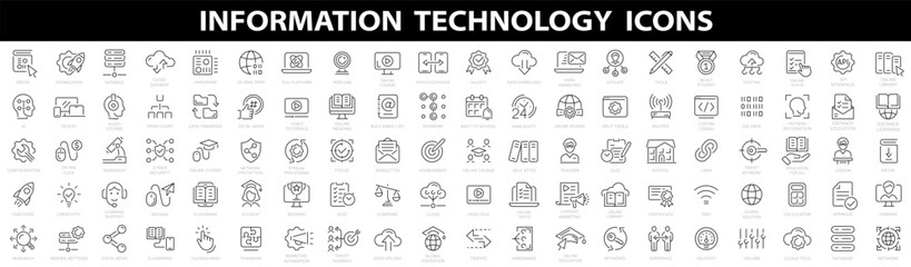 Fototapeta na wymiar Information technology icons set. Set of 100 technology icons. Industry concept factory of the future. Technology progress. Big UI icon set in a flat design. Thin outline icons pack