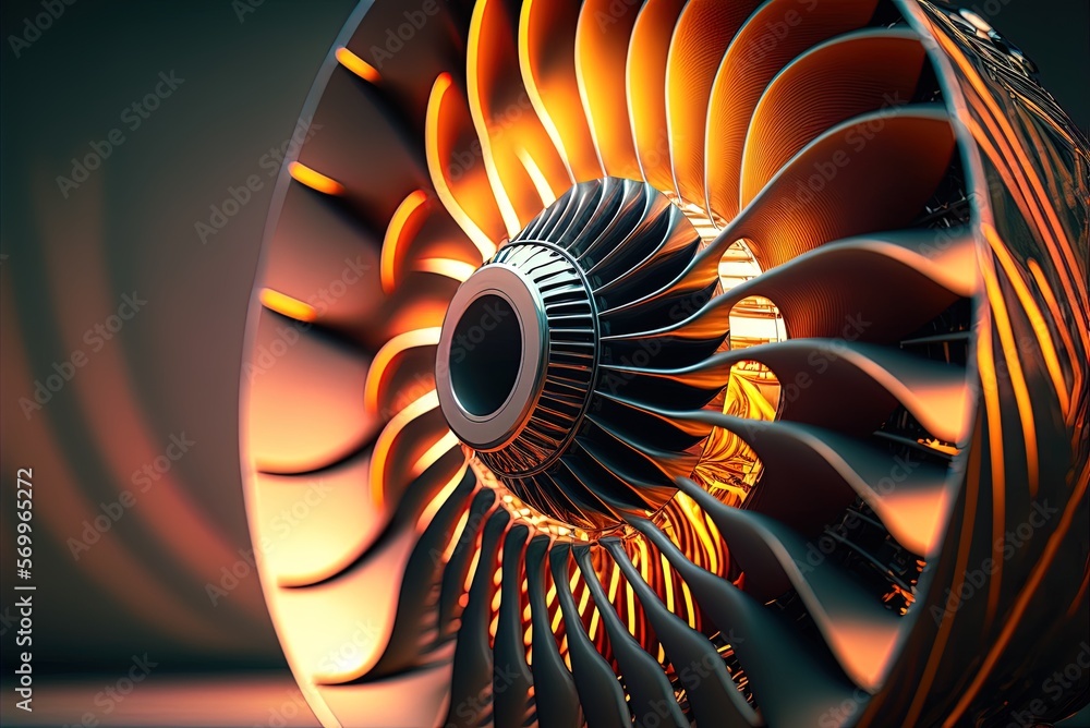Poster sunlight shining through a turbine of a jet engine, seen at close range. generative ai