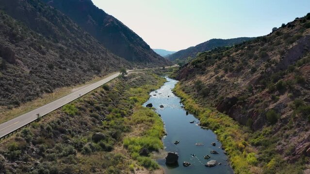 Kayaking south down the Rio Grande river in northern New Mexico.