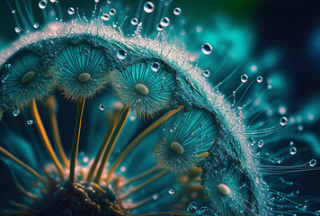 Dandelion close-up, dew adds magic to the intricate flower´s enchantment, teal hues. Generative AI