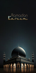 Ramadan Kareem Banner Design, 3D Render of Exquisite Mosque With Crescent Moon In Night.