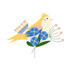 Spring composition, yellow bird and flowers. Bird in flowers. Spring composition