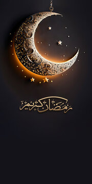 Arabic Calligraphy of Ramadan Kareem With 3D Render, Crescent Moon And Hanging Stars On Dark Background. Banner Design.