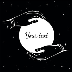 Abstract hands hold a ball against the background of the starry sky. Drawn black lines on white. Vector background with copy space for text.
