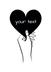The hand holds the heart. Drawn black lines on white. Vector illustration with copy space for text.