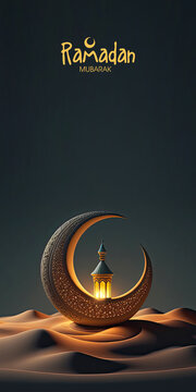 Ramadan Mubarak Banner Design With 3D Render, With Exquisite Crescent Moon And Illuminated Arabic Lamp On Sand Dune.