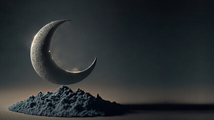 Obraz na płótnie Canvas 3D Render of Crescent Moon Decorated With Glowing Stars On Dune. Islamic Religious Concept.