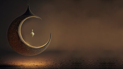 3D Render of Hanging Exquisite Crescent Moon With Stars On Black Background. Islamic Religious Concept.