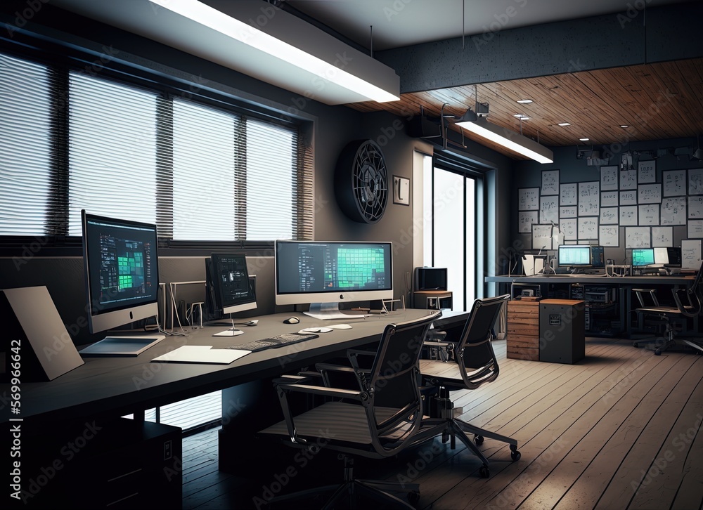Poster a workplace environment with a table and computers generative ai