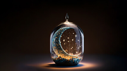 Beautiful Crescent Moon With Lighting Inside Glass Lantern On Dark Background. Islamic Festival Concept. 3D Render.