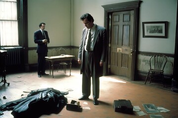 Fototapeta premium Detective surveys crime scene. Film noir style. Made with Generative AI.