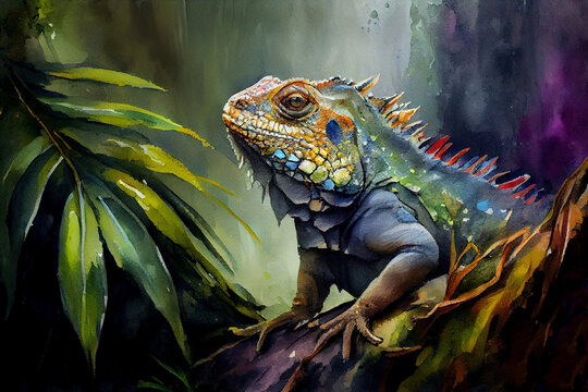 Amazing colorful iguana in the rain forest, generative ai illustration