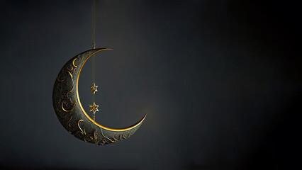 Obraz na płótnie Canvas 3D Render of Hanging Exquisite Shiny Carved Moon With Star On Dark Background. Islamic Religious Concept.