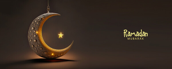 Ramadan Mubarak Banner Design With 3D Render of Hanging Crescent Moon And Glowing Star On Black Background.