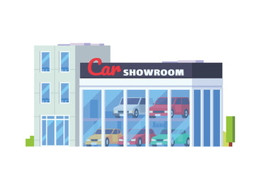 Vector car showroom building flat design illustration