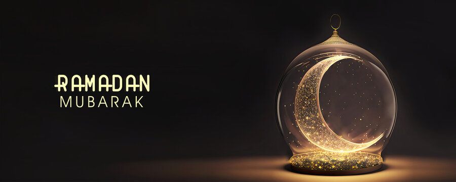 Ramadan Mubarak Banner Design With 3D Render of Beautiful Shiny Crescent  Moon Inside Glass Ball Vase On Black Background. Stock Illustration | Adobe  Stock