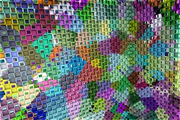 3D ILLUSTRATION RENDERING. ABSTRACT BACKGROUND SQUARE PATTERN DIMENSION OBJECT TRENDY COLORFUL GEOMETRY DISTORTED EFFECT GRAPHIC TEXTURE. PERSPECTIVE SCIENCE TECHNOLOGY PRESENTATION RANDOM DESIGN.