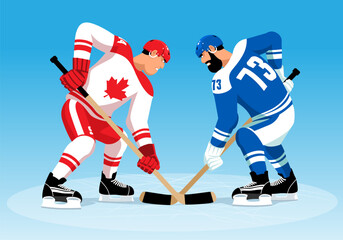 Plakat Hockey players in the game. Cartoon hockey players vector illustration.