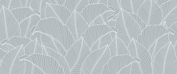 Botanical foliage line art background vector illustration. Tropical palm, banana leaves with a white border on a blue background. Design for wallpaper, home decor, packaging, print, poster, cover, ban