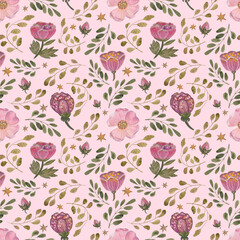 Watercolor pattern pink flowers. Seamless pattern