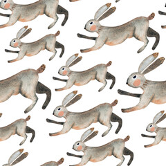 Naklejka premium Watercolor hares on a white background. Seamless pattern