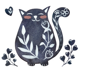 Watercolor black cat with flowers. illustration
