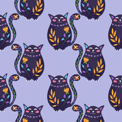 Watercolor black cat with flowers. Seamless pattern