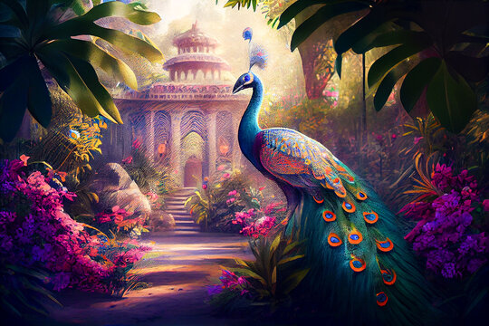 Luxurious peacock in a tropical garden, generative ai illustration
