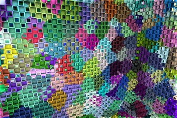 Fototapeta premium 3D ILLUSTRATION RENDERING. ABSTRACT BACKGROUND SQUARE PATTERN DIMENSION OBJECT TRENDY COLORFUL GEOMETRY DISTORTED EFFECT GRAPHIC TEXTURE. PERSPECTIVE SCIENCE TECHNOLOGY PRESENTATION RANDOM DESIGN.