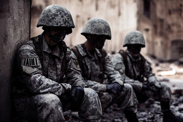 Soldiers in protective clothes and masks on the ruined city background