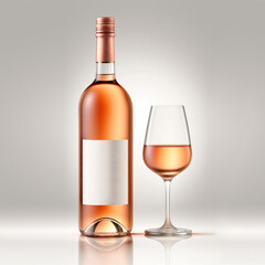 bottle and glass of rosé wine, clear background, blank label, mock-up