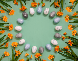Fototapeta na wymiar Easter Egg Decoration, Spring Flowers, Copy Space For Free Text