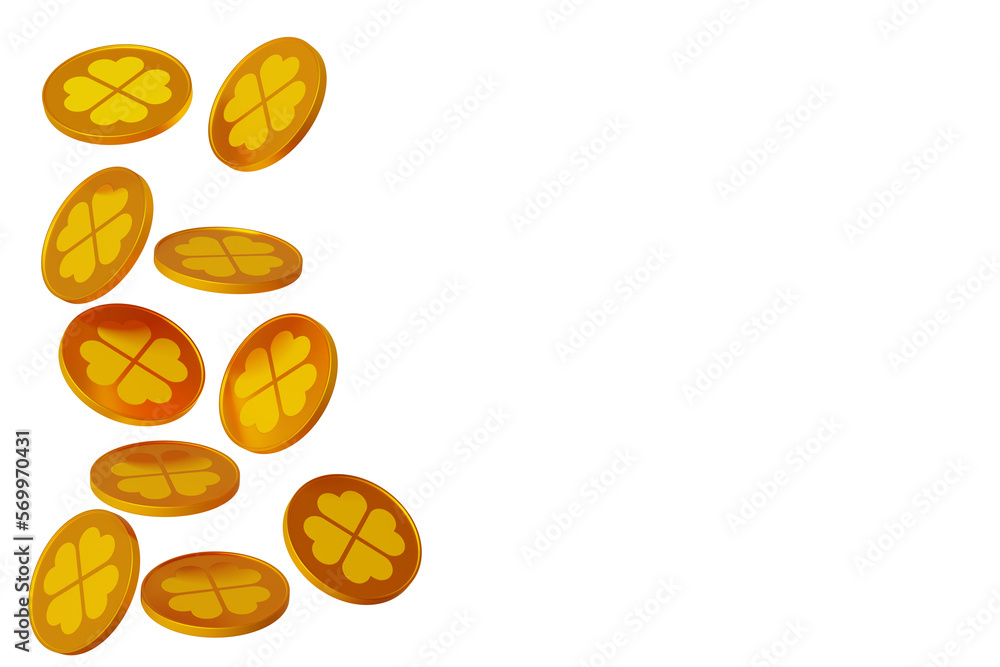 Poster patrick day. golden coins with clover on an isolated background. border banner 3d render.