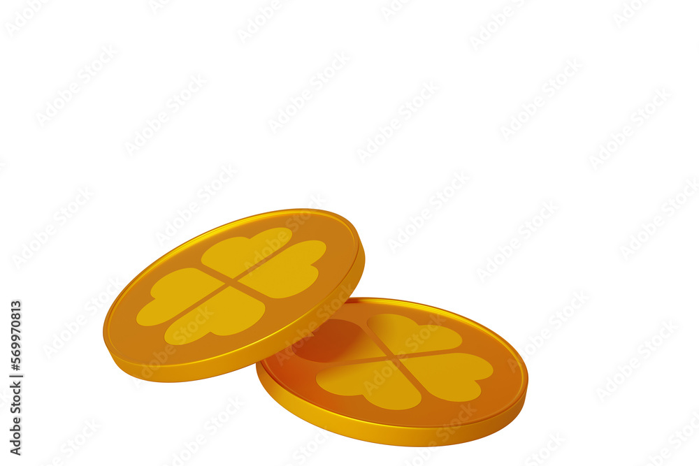 Poster patrick day. two golden coins with clover on an isolated background. 3d rendering close up