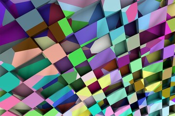 3D ILLUSTRATION RENDERING. ABSTRACT BACKGROUND SQUARE PATTERN DIMENSION OBJECT TRENDY COLORFUL GEOMETRY DISTORTED EFFECT GRAPHIC TEXTURE. PERSPECTIVE SCIENCE TECHNOLOGY PRESENTATION RANDOM DESIGN.