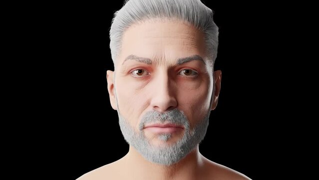 Older senior man looking at camera closeup shot, CGI actor. White caucasian male, gray hair and beard, isolated on black background