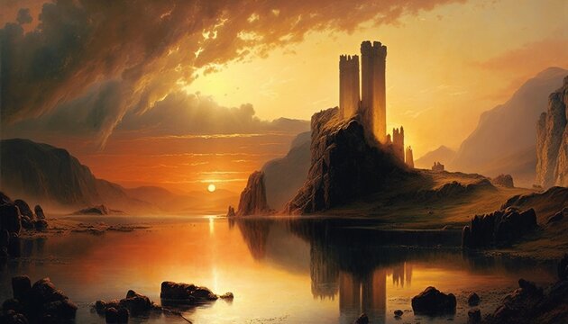 Castle with seascpae on the sunset.Generative AI