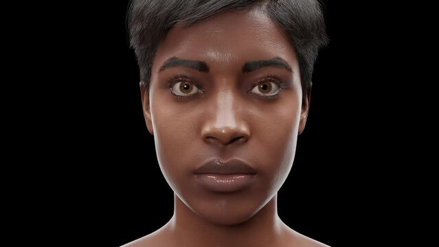 Close up shot of african american woman, CGI actor. Dark skinned female looking at camera, isolated on black background