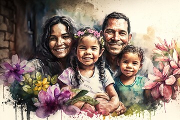 Latin American ethnicity family in watercolor painting style. National Hispanic American Heritage Month. Generative AI Illustration - obrazy, fototapety, plakaty